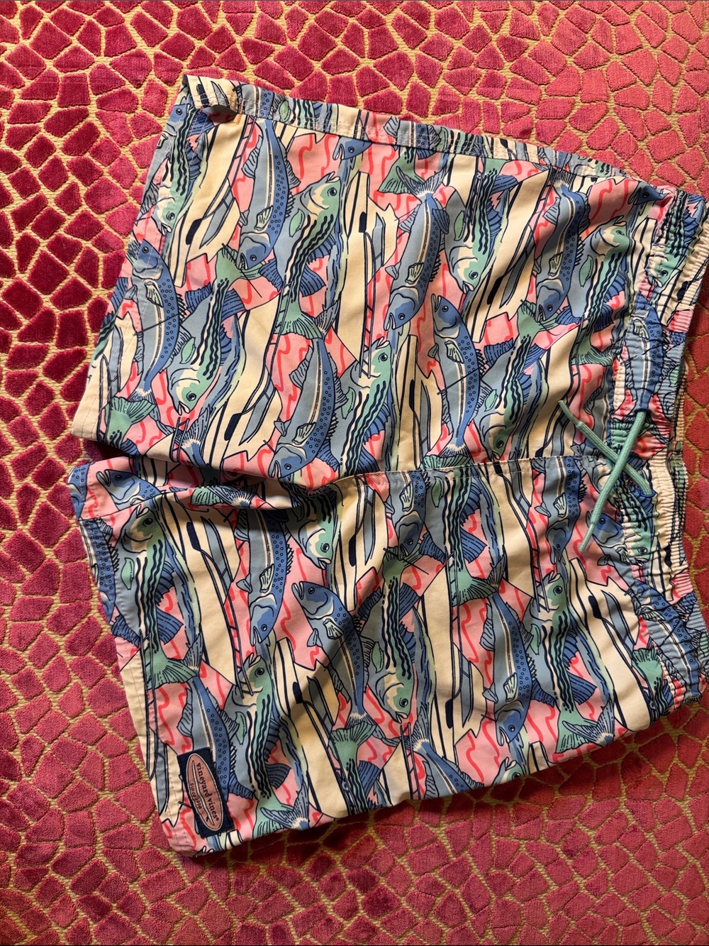 Vineyard Vines Boys Fish Print Swim Trunks in Coral, Blue & Cream medium